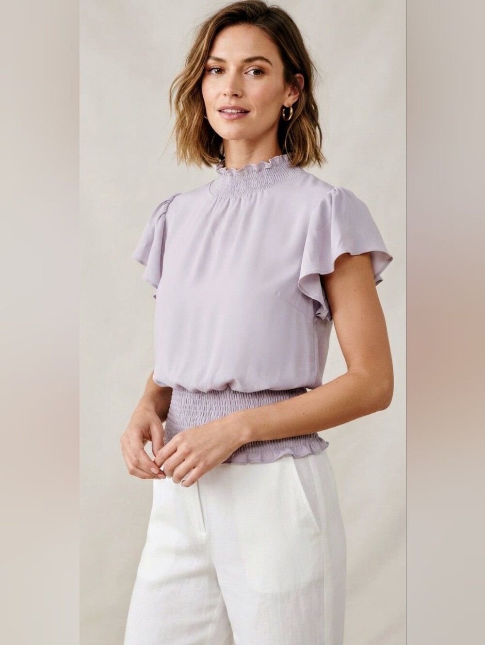NWT Smocked Hem Flutter Sleeve Blouse - Light Lavender Small S